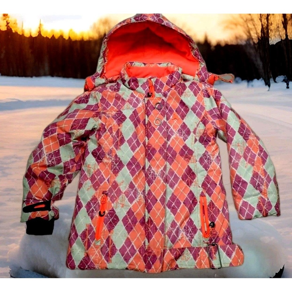 Phibee Ski Jacket Girls‎ Size 8 Pink Orange Argyle Good Waterproof Hooded Coat